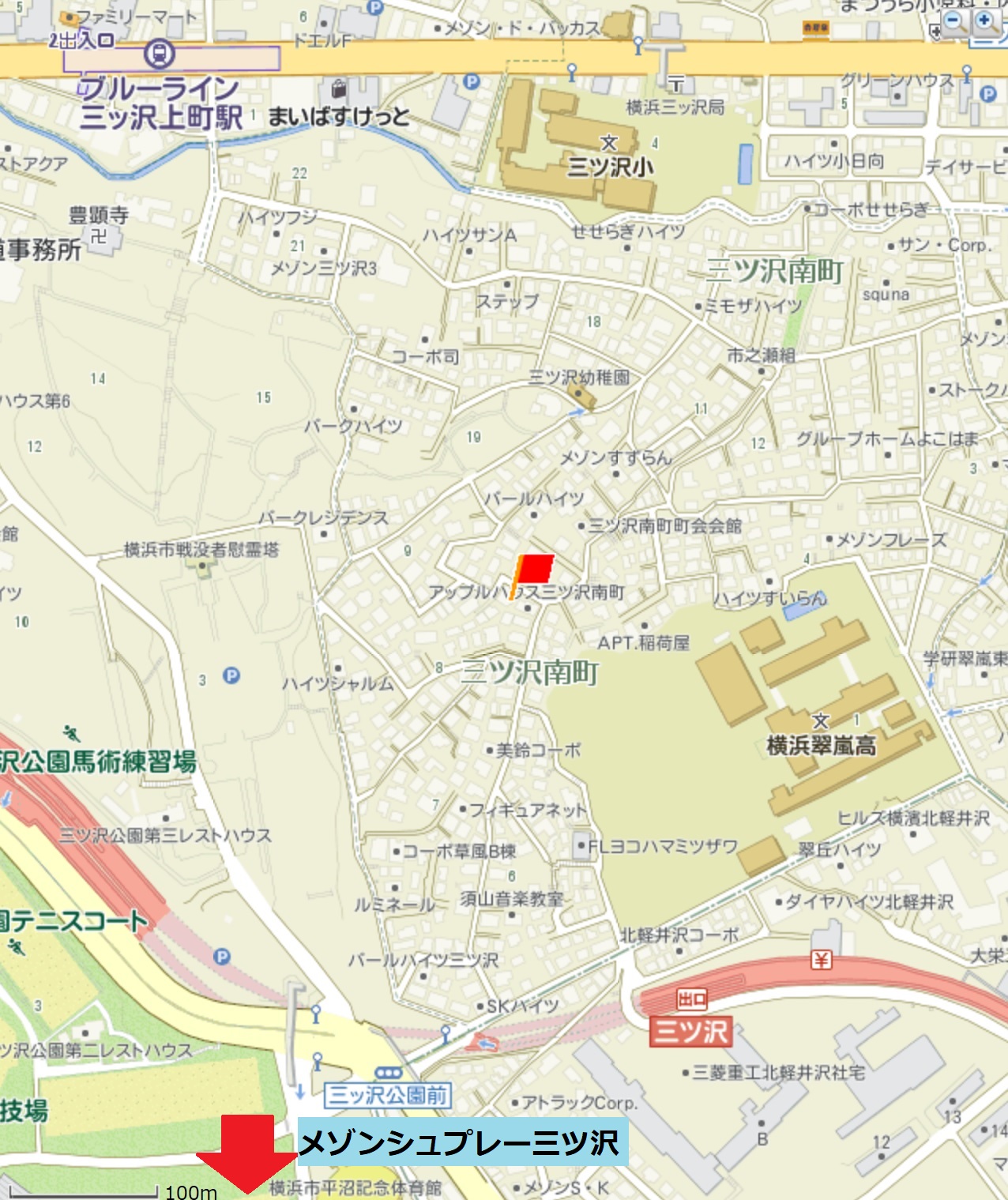 三ツ沢上町から三ツ沢公園入口への地図