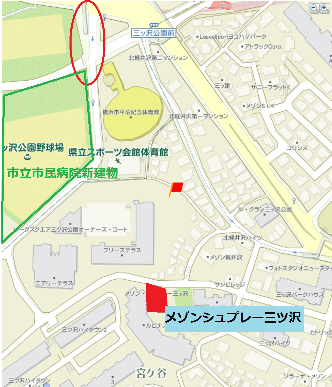 三ツ沢公園入口からメゾンシュプレー三ツ沢への地図